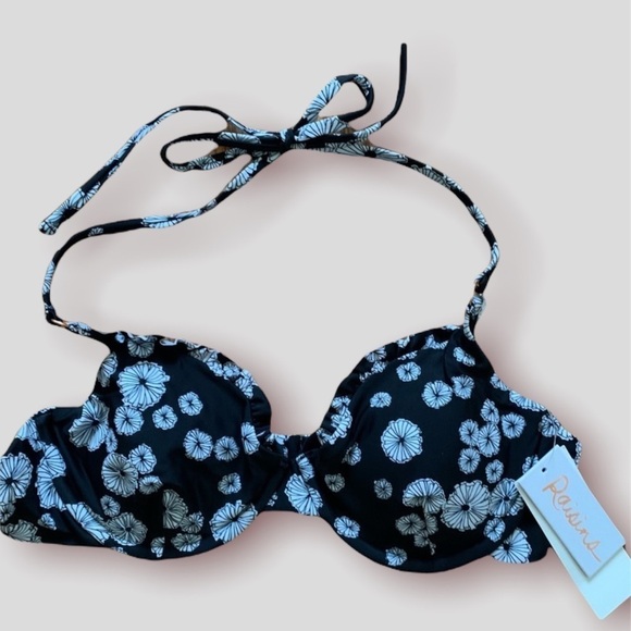 RAISINS Large ( Junior) Black White Floral Splash Las Flores Swim Bikini Top - Picture 2 of 12